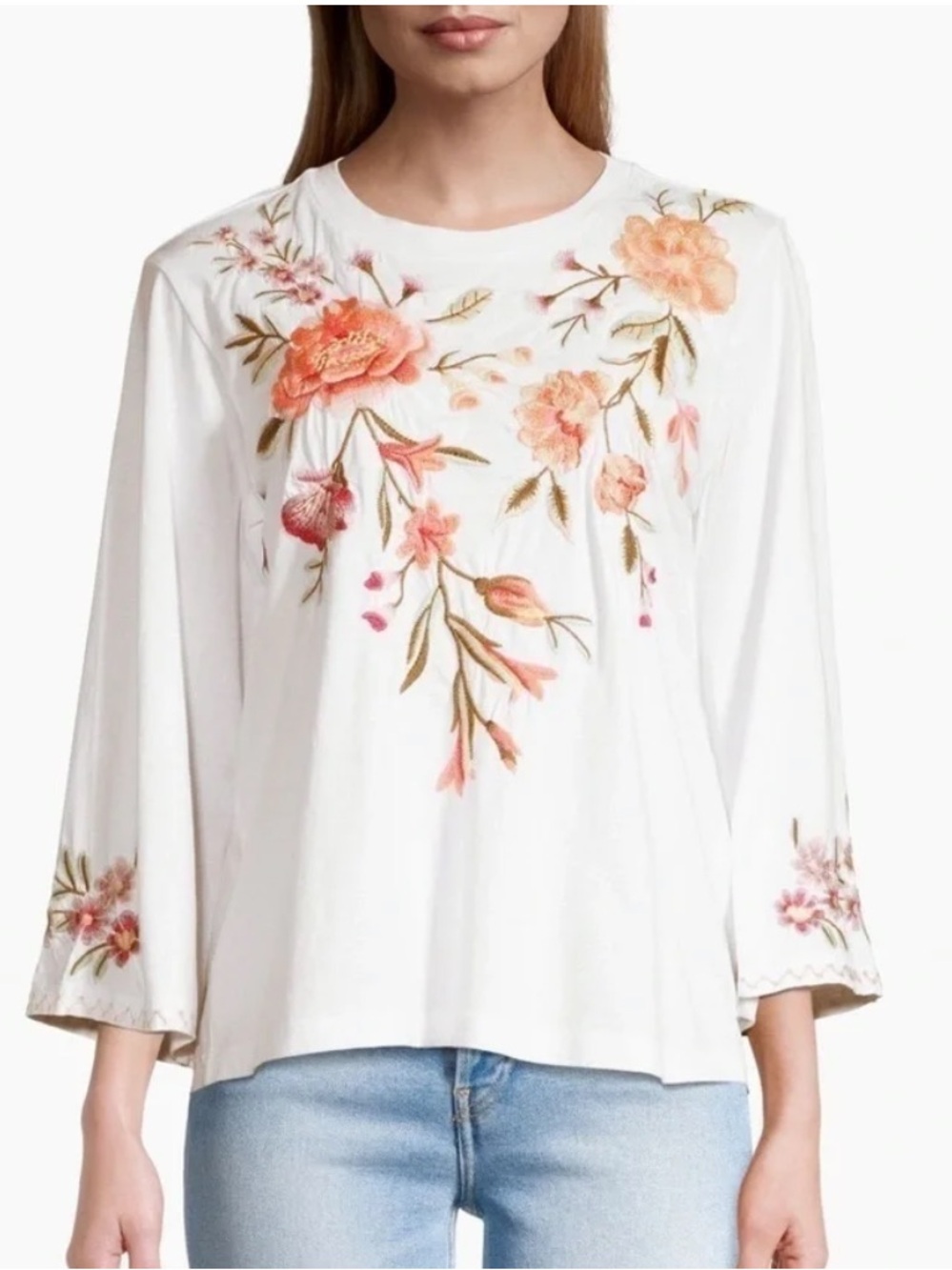 Johnny Was Vienna Kimono Sleeve Tee Embroidered White Boho Top 3/4 Sleeve XXL
